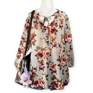 Princess Vera Wang Sheer Floral Blouse Womens XL Gray 3/4 Sleeve Boho Lagenlook